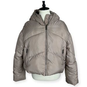 Zara Beige Cropped Puffer Jacket Hooded Zip Up‎ Size Small *notes